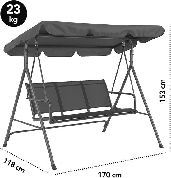 Brixy Swing Bank - 3-Sitzer - Verstellbares Sonnendach - UV-beständig - 170x118x153cm - Anthrazit