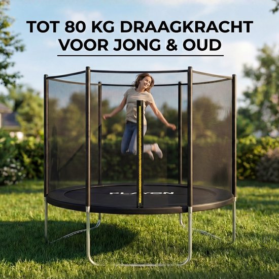 Playon Trampolin – Trampolin mit Sicherheitsnetz – Kindertrampolin – Ø 183 cm – Inklusive Randschutz – Wasser- und UV-beständig – Schwarz