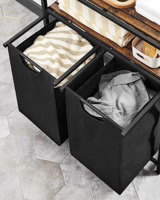 O'DADDY Wäschekorb 2 Fächer - Wäschesortierer - ausziehbar mit 2 Einlegeböden - 73 x 33 x 91 cm - Wäschekorb mit herausnehmbaren Fächern und Klettverschluss - 76L aufgeteilt auf 2 Fächer - Wäschekörbe - Wäschekorb schwarz Metall - Holz braun