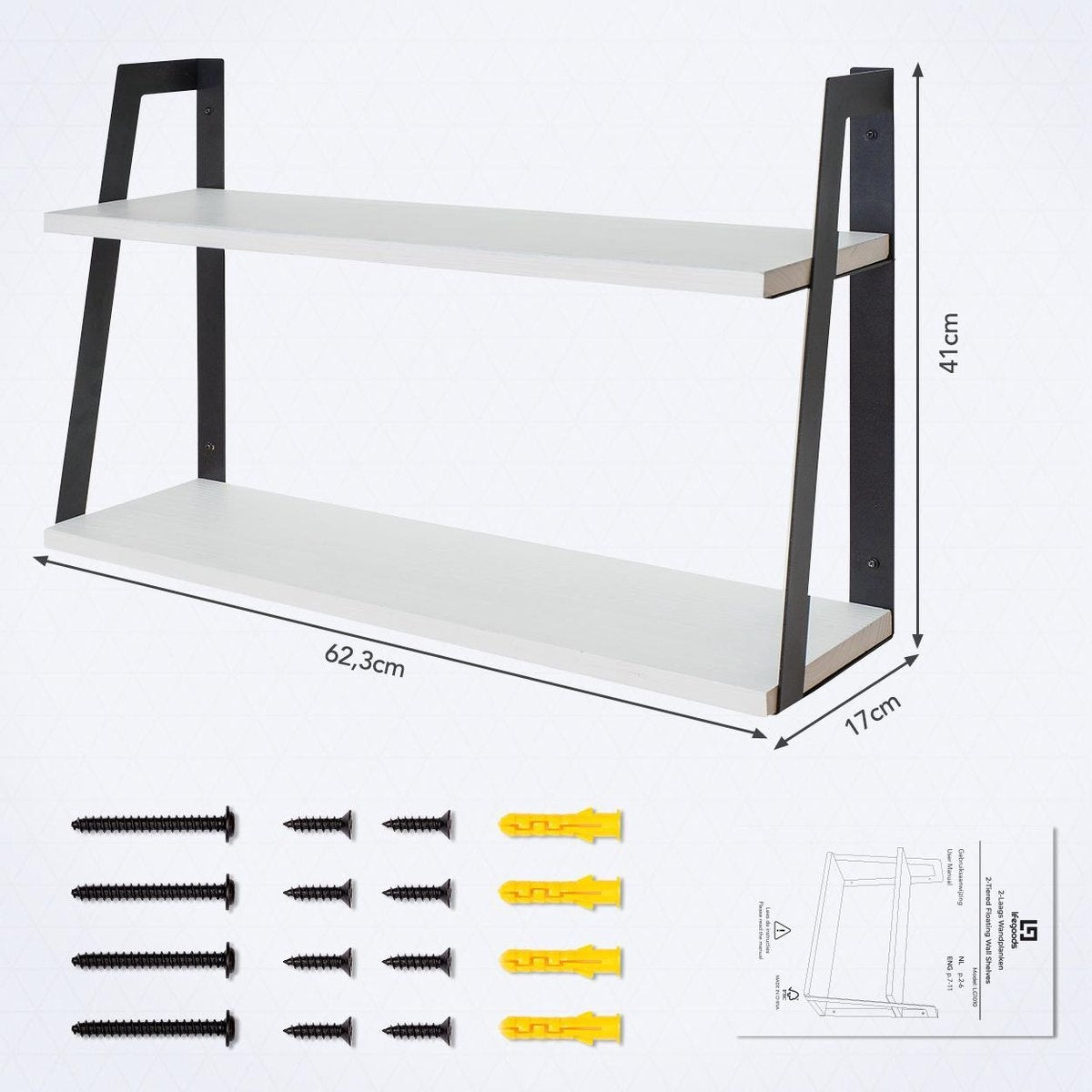 LifeGoods Schwebendes Wandregal - 41cm - 2 Ebenen - Industriell - Holz - Schwarz/Weiß