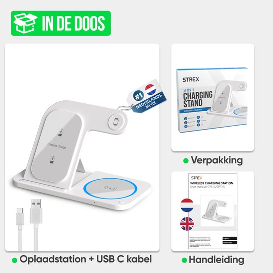 Strex - 3-in-1 Wireless Charger - Ladestation - 15W Schnellladegerät - Faltbar - Geeignet für iOS & Android, Apple Watch, AirPods und Wireless Earphones - Weiß