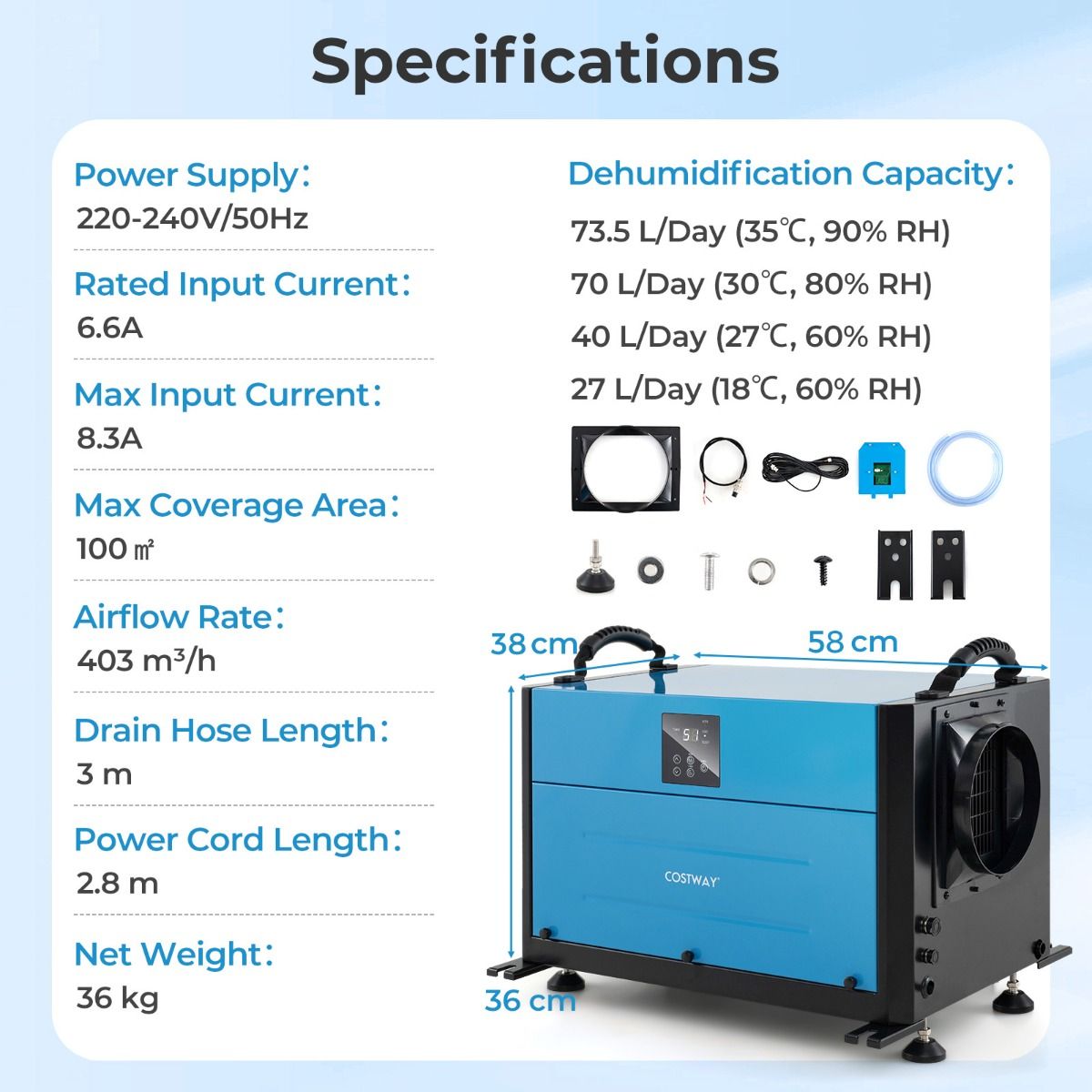 Coast Professioneller Luftentfeuchter – 73,5 l pro Tag – 3 Stufen – Blau/Weiß