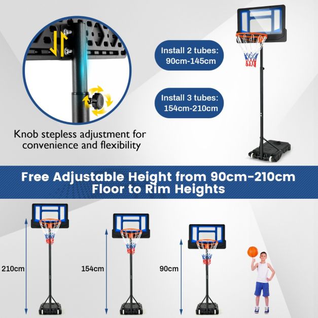 Verstellbarer Basketballständer - 154-210 cm hoch - mit stabilem Standfuß und Rädern - für Kinder und Erwachsene geeignet - Blau