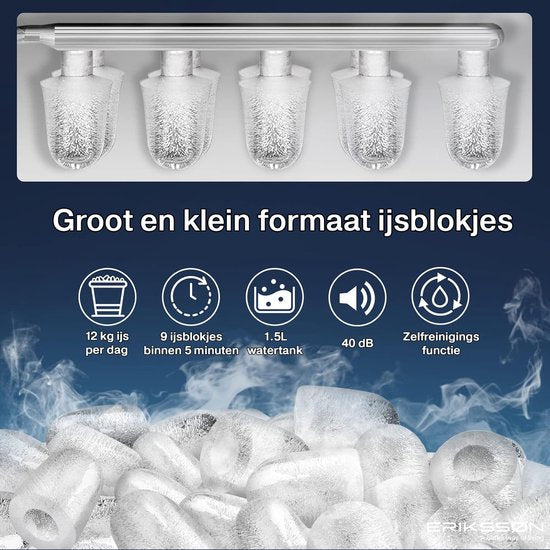 Erikssøn Eiswürfelmaschine - Eiswürfelbereiter - Inkl. Eisportionierer - 12kg/24 Std. - 9 Würfel / 6 Min. - Tragbar - Selbstreinigungsfunktion - Schwarz