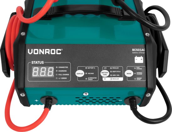 VONROC Batterieladegerät mit Starthilfe - Max. 15A - Für 6V oder 12V Blei-Säure-Batterien