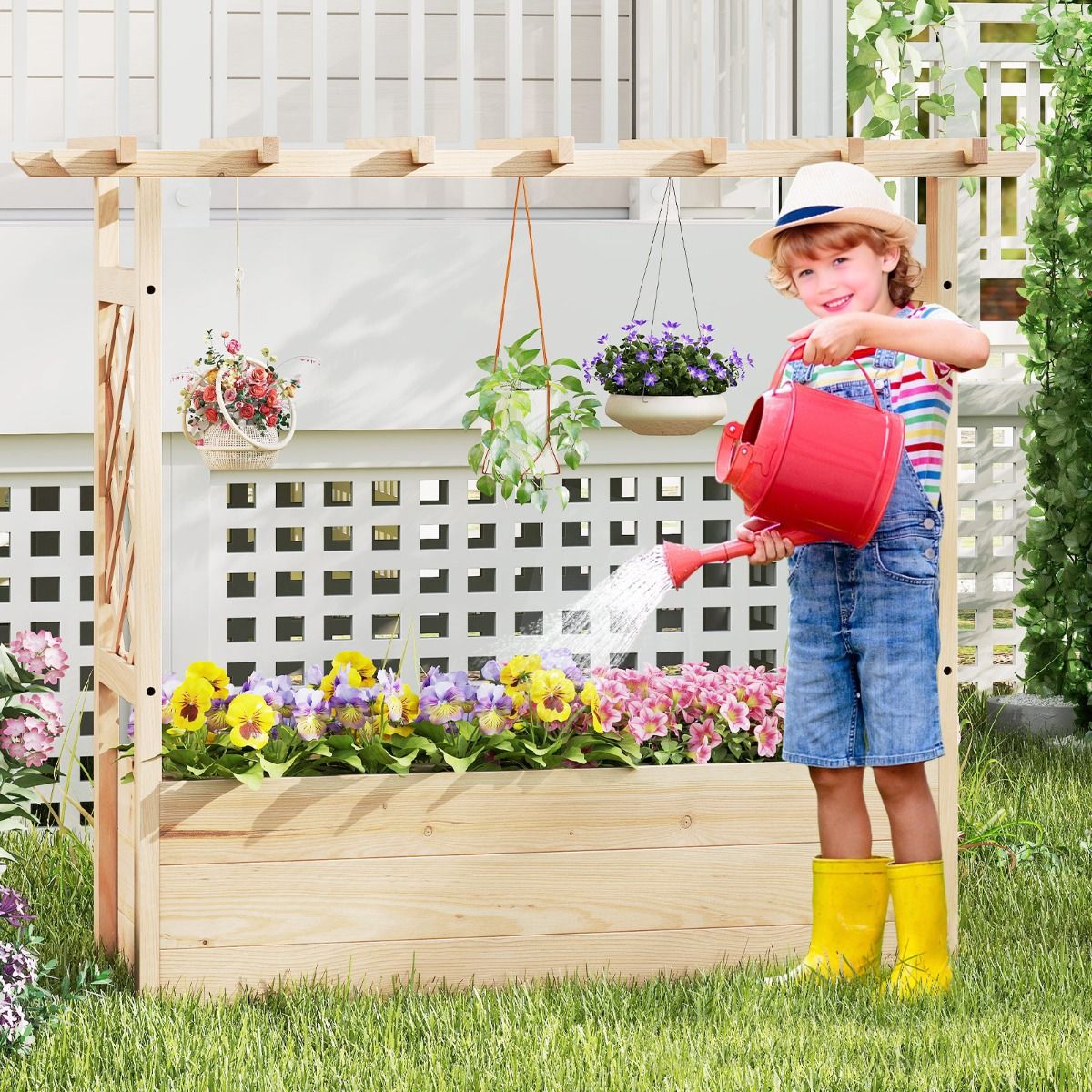 Coast Hochbeetkasten mit 2 Seitengittern und Hängedach - Gartenbeetkasten aus Holz mit Entwässerungslöchern - 115 x 40 x 103 cm - Natur