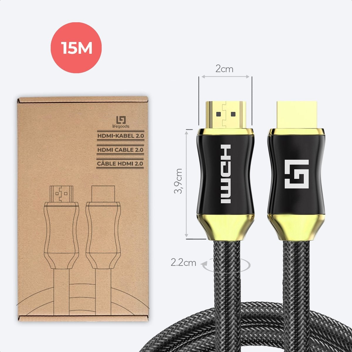 LifeGoods HDMI 2.0 Kabel - 15M - 18Gbps - 4K (60Hz) - Schwarz