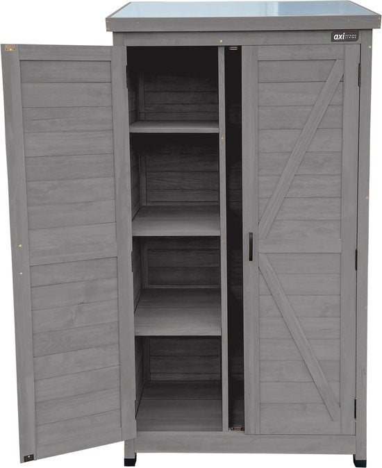 AXI Hugo Aufbewahrungsschrank aus Holz, Warmgrau – Gartenschrank mit verzinktem Dach – 3 Einlegeböden und Bodenplatte – FSC-zertifiziertes Holz – Magnetverschluss – 85 x 52 x 174 cm