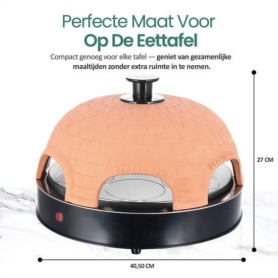 Emerio Pizzarette Original - 6-Personen-Pizzaofen - Handgefertigte Terrakotta-Kuppel - 6 isolierte Backspatel - Edelstahl-Backplatte - Gourmet-Set mit Cool Touch Kuppel - PO-115984 1200W