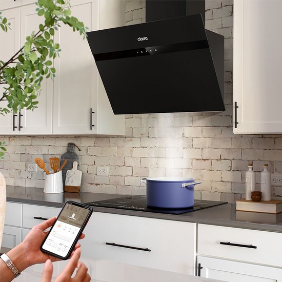CIARRA CBCG6736H-G 60 cm schräge Dunstabzugshaube, schwarz – Milchglas mit Anti-Fingerabdruck-Beschichtung – mit WLAN – inklusive Set mit Aktivkohlefiltern – 650 m³ – Energieeffizienzklasse A+++