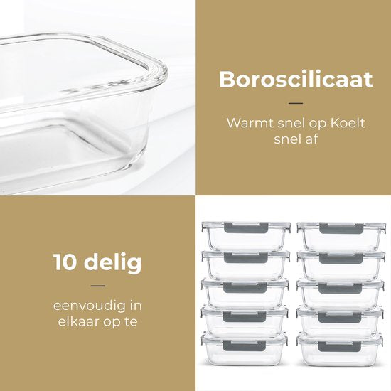 Stosh Meal Prep Trays - Frischhalteschalen - Gefrierschalen - Luftdicht - 10 Stück - 1L - BPA frei - Glas