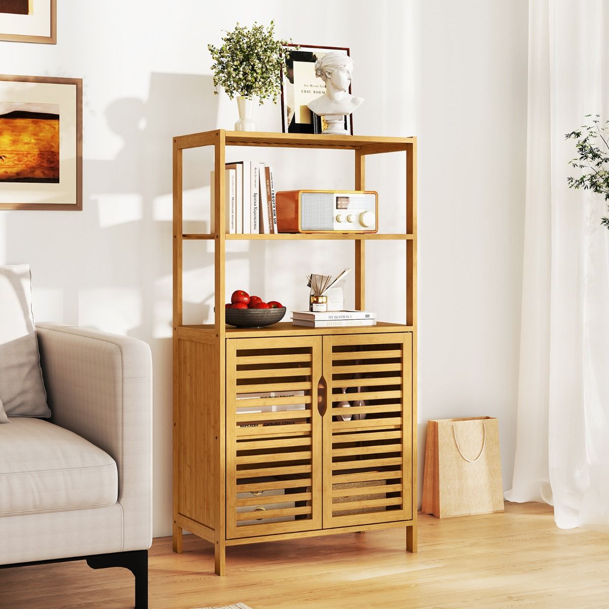 Coast Bamboo Bücherregal mit Türen - 4-Layer Storage Cabinet mit Lamellentüren - 60 x 33 x 116 cm - Natural