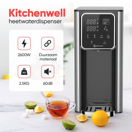 Kitchenwell - Heißwasserspender 3l - 2600W - Touch Display - Milchfunktion - Wasserkocher - Edelstahl/Schwarz