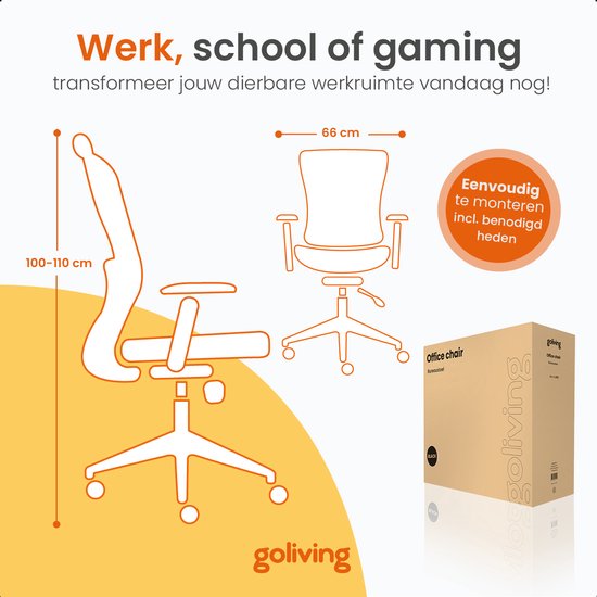 Goliving Ergonomischer Bürostuhl - Bürostuhl - verstellbar - auf Rollen - für Erwachsene - NEN-1335 - Schwarz