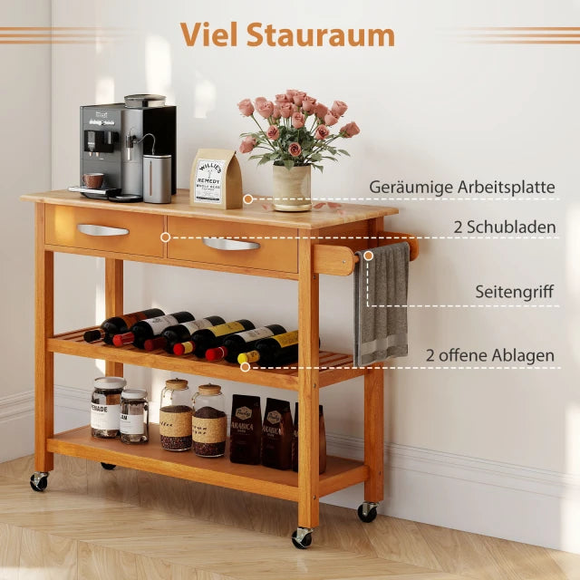 Coast Kitchen Trolley Wood - Mobiles Küchenregal mit 2 Schubladen und 2 Ablagen - 106 x 43 cm