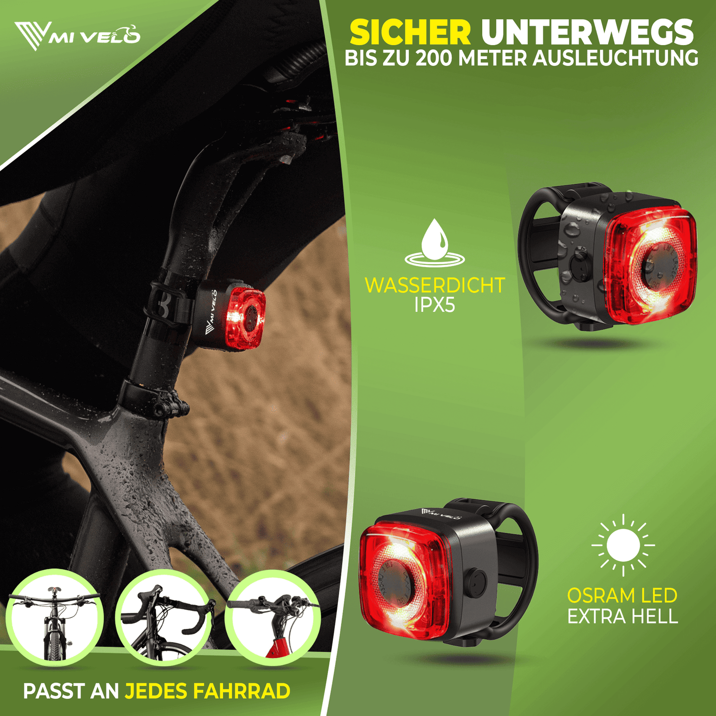 MIVELO Fahrradbeleuchtungsset Cube One LED - USB wiederaufladbar - StVZO geprüft