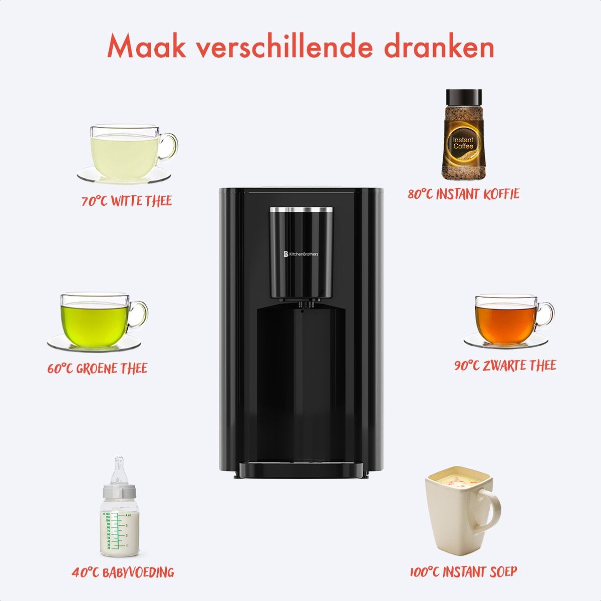 KitchenBrothers Heißwasserspender - 2.9L - Touch Display - Heißwasserhahn - 2600W - Schwarz