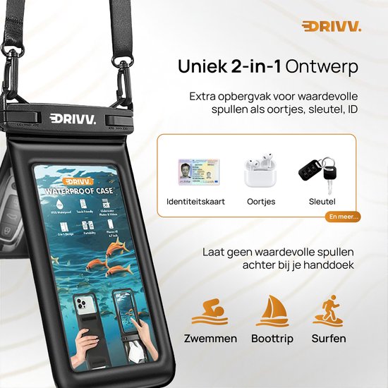 Drivv Luxe wasserdichte 2-in-1-Handyhülle – schwimmfähig – mit doppeltem Clipverschluss – für Handys bis zu 7 Zoll – schwarz