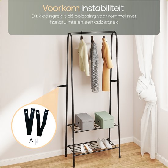 O'DADDY® Kleiderständer stehend - Aufbewahrungsregal 2 Lagen - Schuhregal - Garderobenständer mit Kleiderstange - Kleiderständer - 60 x 36 x 152 cm - Schwarzes Metall