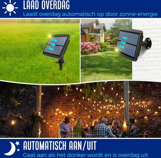 SHINE - Lichtsnoer buiten - Lichtslinger op Zonne-energie - Solar Led Prikkabel - Feestverlichting - Lampjes slinger - Tuinverlichting - Vintage Basic Sfeerverlichting - 15 Led E27 Lampen met Afstandsbediening - 15 Meter