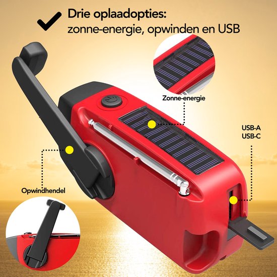 Brixy Emergency Radio - Radio mit Batterie für Notfälle - Aufziehbar - Solar - Taschenlampe - Powerbank - Rot