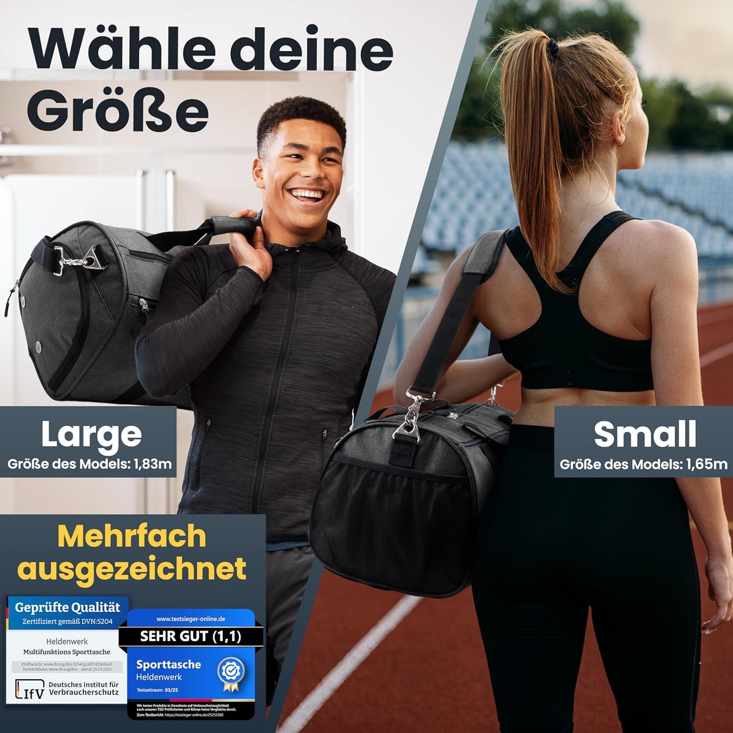 Herowerk Sporttasche mit Schuhfach und Nassfach, Trainingstasche für Damen und Herren, ideal als Reisetasche, Fitnesstasche, Trainingstasche oder Sporttasche, grau, Sporttasche mit Schultergurt