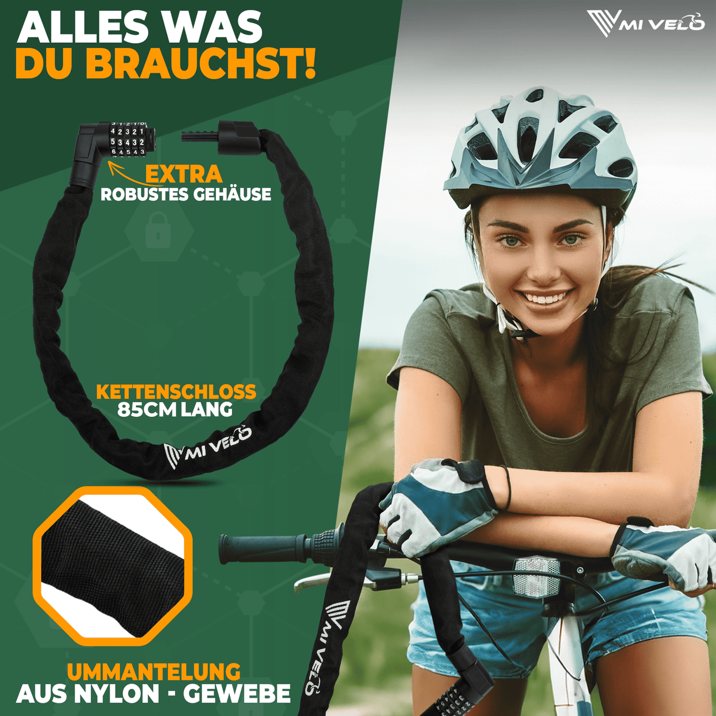 MIVELO Fahrradkette - Mit Zahlenschloss - 85 cm - Robuster gehärteter Stahl - Schützendes Nylon - Schwarz