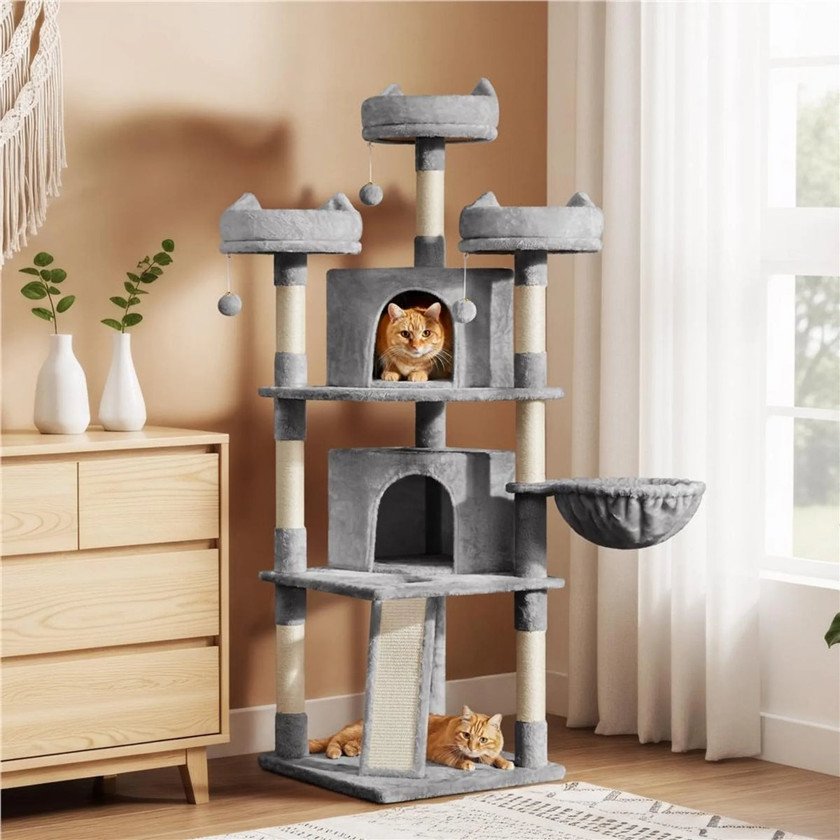 Yaheetech Katzenpfosten XXL mit 3 Aussichtsplattformen - Ausgestattet mit 2 Katzenhöhlen und Kratzbrett und Anti-Kipp-System - Für Haushalte mit mehreren Katzen - Hellgrauer Plüsch und Sisal - 55,5 x 55,5 x 175 cm
