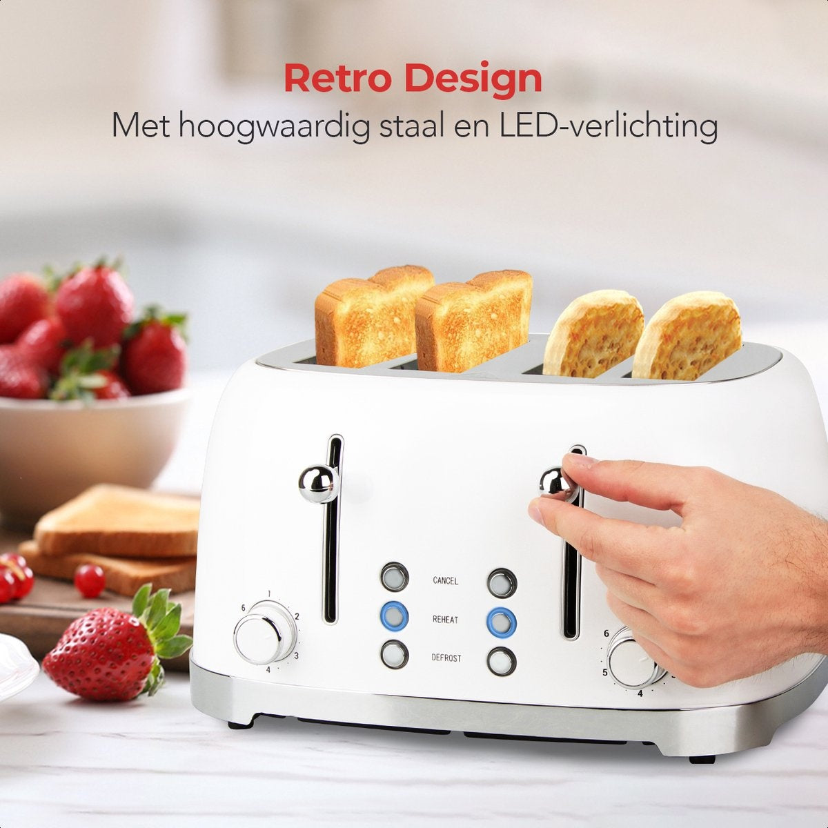 KitchenBrothers Retro-Toaster - 6 Heizstufen - 4 extra breite Schlitze - 1630W - Aufwärm- und Auftaufunktion - Weiß