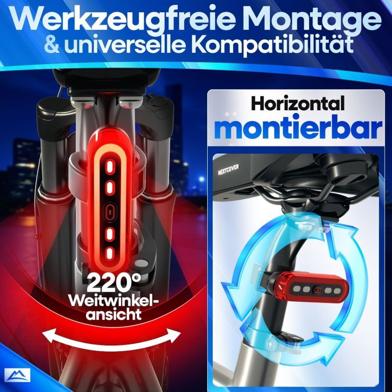 Nextcover Fahrradrücklicht - LED - Bremslicht - USB - 8U Batterie - Schwarz
