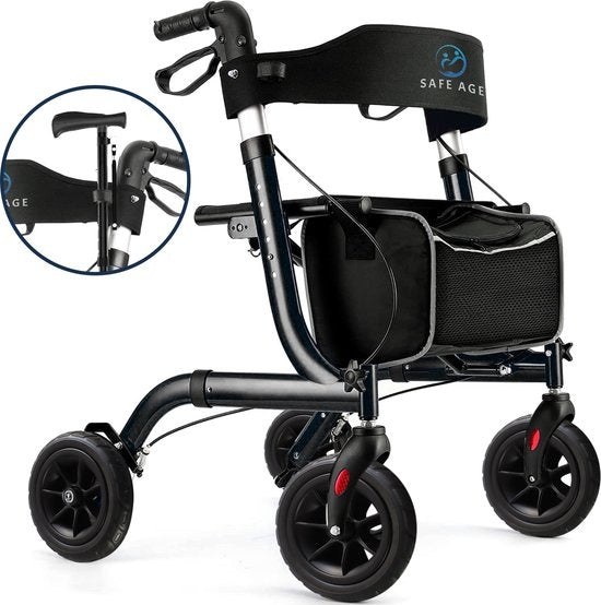 SafeLife Rollator - Verstellbar, faltbar & mit Sitzfunktion - 137 kg Tragfähigkeit - 70 x 61 x 95 cm - Schwarz