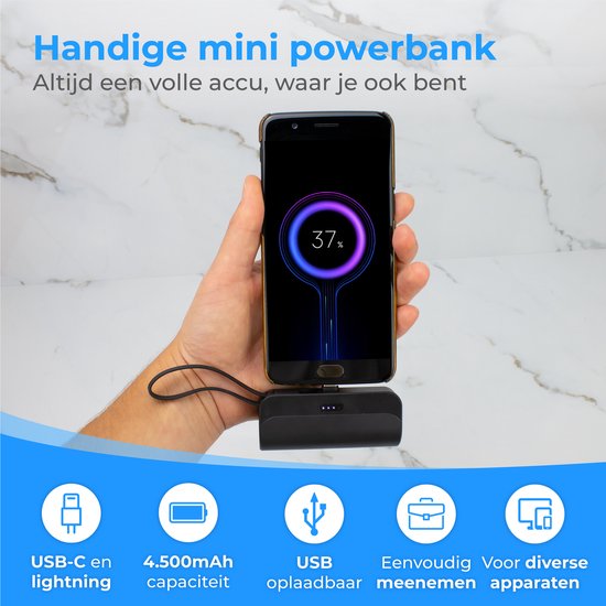 Nuvance - Mini Powerbank 4500 mAh - Powerbanks USB C - Externe Akku Powerbank - Kleine & kompakte Powerbank - für Smartphone & Tablet - Geeignet für Lightning - Schnellladegerät - Taschenmodell