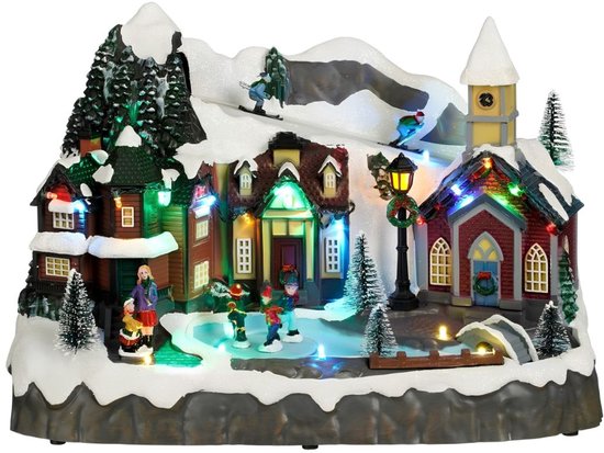 Luville Weihnachtsdorf – Miniatur-Dorfplatz – Weihnachtsdekoration mit Schlittschuh laufenden Bewohnern – Weihnachtsdekoration mit LED-Beleuchtung und sich drehenden Figuren – L 34 x B 18 x H 24 cm – Weiß
