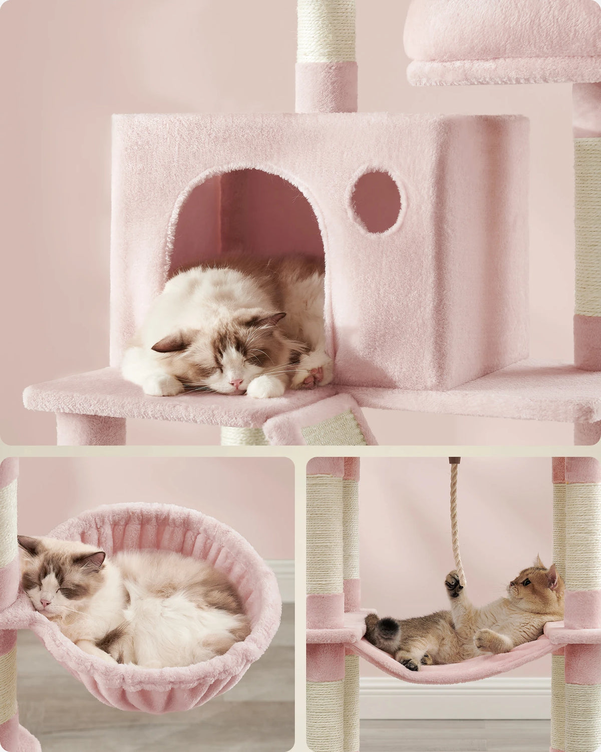 Joyfurnos Kratzbaum 206 cm – XXL-Katzenkletterturm mit 13 Kratzstämmen, 2 Katzenhäuschen und Hängematte – Rosa