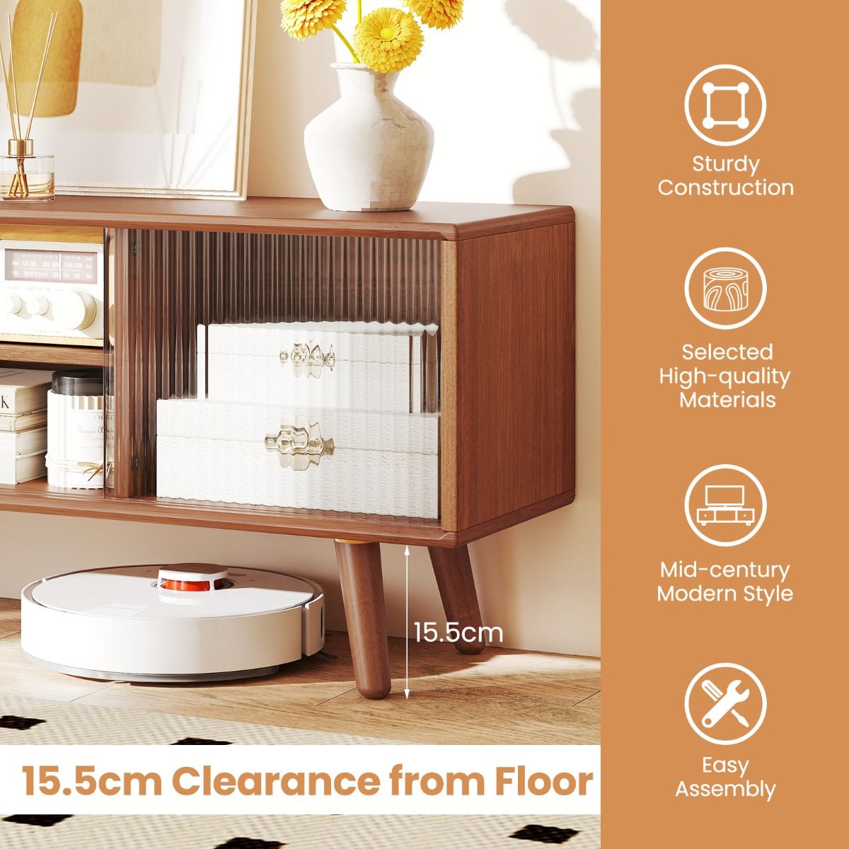Coast TV-Möbel – Bambus mit Schilf und Glasschiebetür – verstellbares Regal – braun – 120,5 x 31 x 45,5 cm
