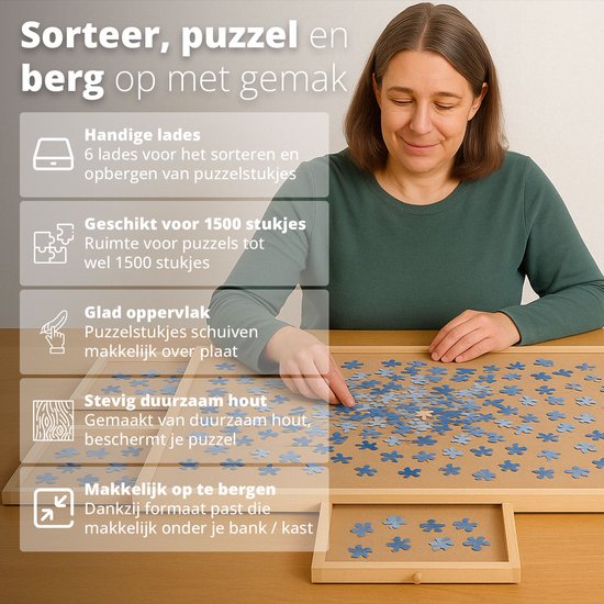 FlinQ Puzzlebrett mit Aufbewahrungssystem - Puzzlebrett mit Schutz - 6 Schubladen und Sortierfächer für 1500 Teile - Holzpuzzlematte - Puzzletisch - Porta-puzzle - 89x68.7x4 cm