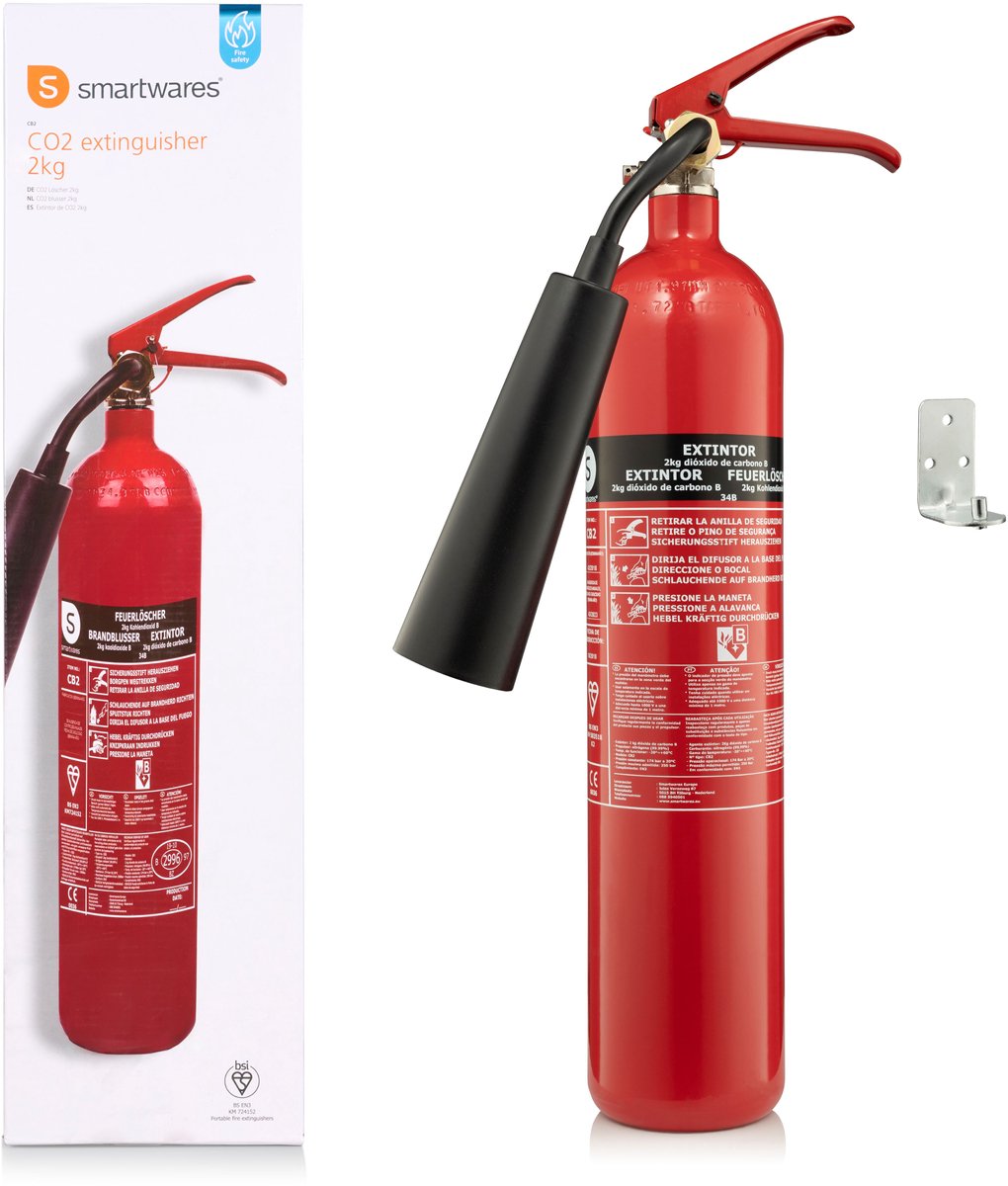 Smartwares FEX-15621 - CO2 Feuerlöscher 2kg - Inkl. Halterung - Brandklasse B - BSI zertifiziert