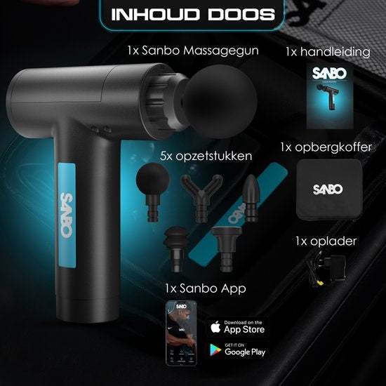Sanbo Massage Gun Prime - Sport- und Entspannungsmassage - Schwarz/Blau - Profi - Inklusive Etui & App - Massagegerät - Massage Gun - Fitness