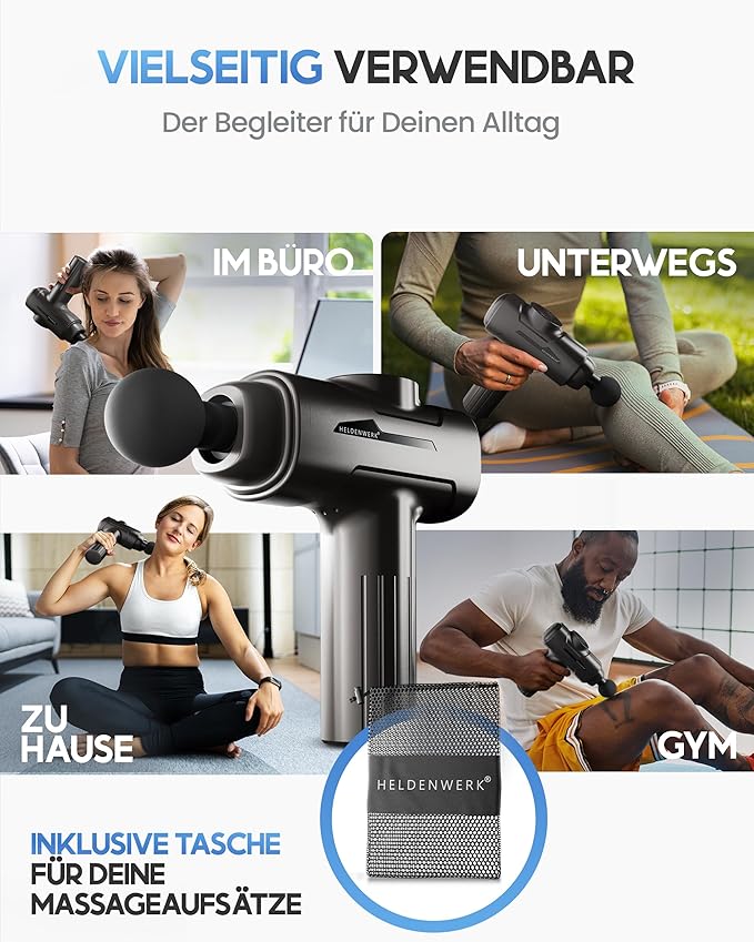 Heroism Massage Gun mit 6 Massageköpfen - Muskelmassagegerät 3200 U/min, USB-C wiederaufladbar - Grau