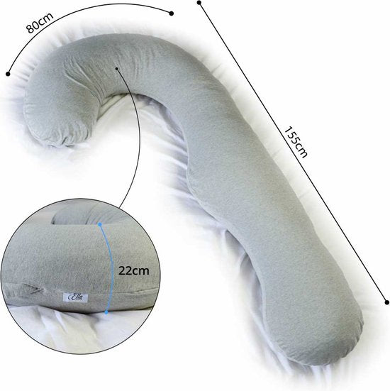 EL-Life Schwangerschaftskissen XXL - J-Shape - 155cm - abnehmbarer Jersey-Baumwollbezug - Hellgrau