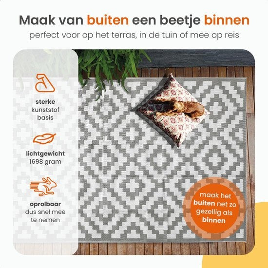 Goliving Outdoor-Teppich Summer Diamond - Gartenteppich - Outdoor-Teppich - Teppich - Gartenteppich - Reversibel - Inkl. Tragetasche - 183 x 290 cm - Grau/Weiß