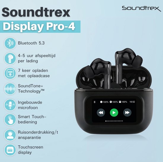 Soundtrex Display Wireless Earphones - Bluetooth-Ohrhörer - Ohrhörer kabellos - aktive Geräuschunterdrückung - LED-Anzeige - Bluetooth 5.3 - Schwarz