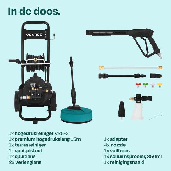 VONROC PRO Hochdruckreiniger V25-3 - 2500W - 180 bar - 468 l/h - Induktionsmotor - 15m Premiumschlauch - Inkl. Terrassenreiniger, Schaumdüse und 5 Düsen