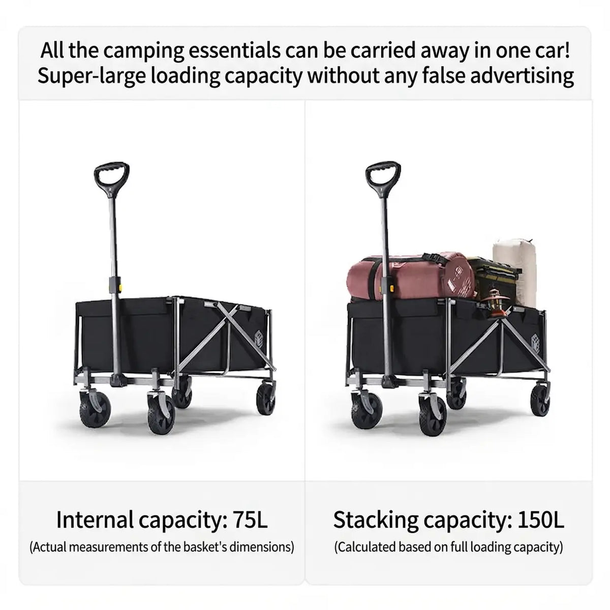 Ochama Faltbarer Handwagen 75 l – Schwarz – 100 kg Tragkraft – 360°-Lenkrollen – Zusammenklappbar