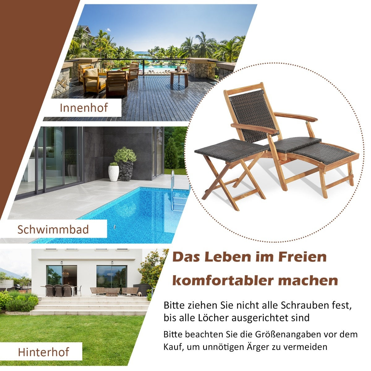 Coast 2-teiliges Gartenmöbel-Set bestehend aus Stuhl mit ausziehbarer Fußstütze und Beistelltisch aus Akazienholz Braun