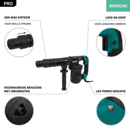VONROC PRO Aufbrechhammer 1200W - 6kg - Schlagkraft: 14 Joule - Schlaggeschwindigkeit: 3100 p/m - 5 Meter Kabel - Inkl. Seitengriff, Spitzmeißel, Flachmeißel und Tube Fett