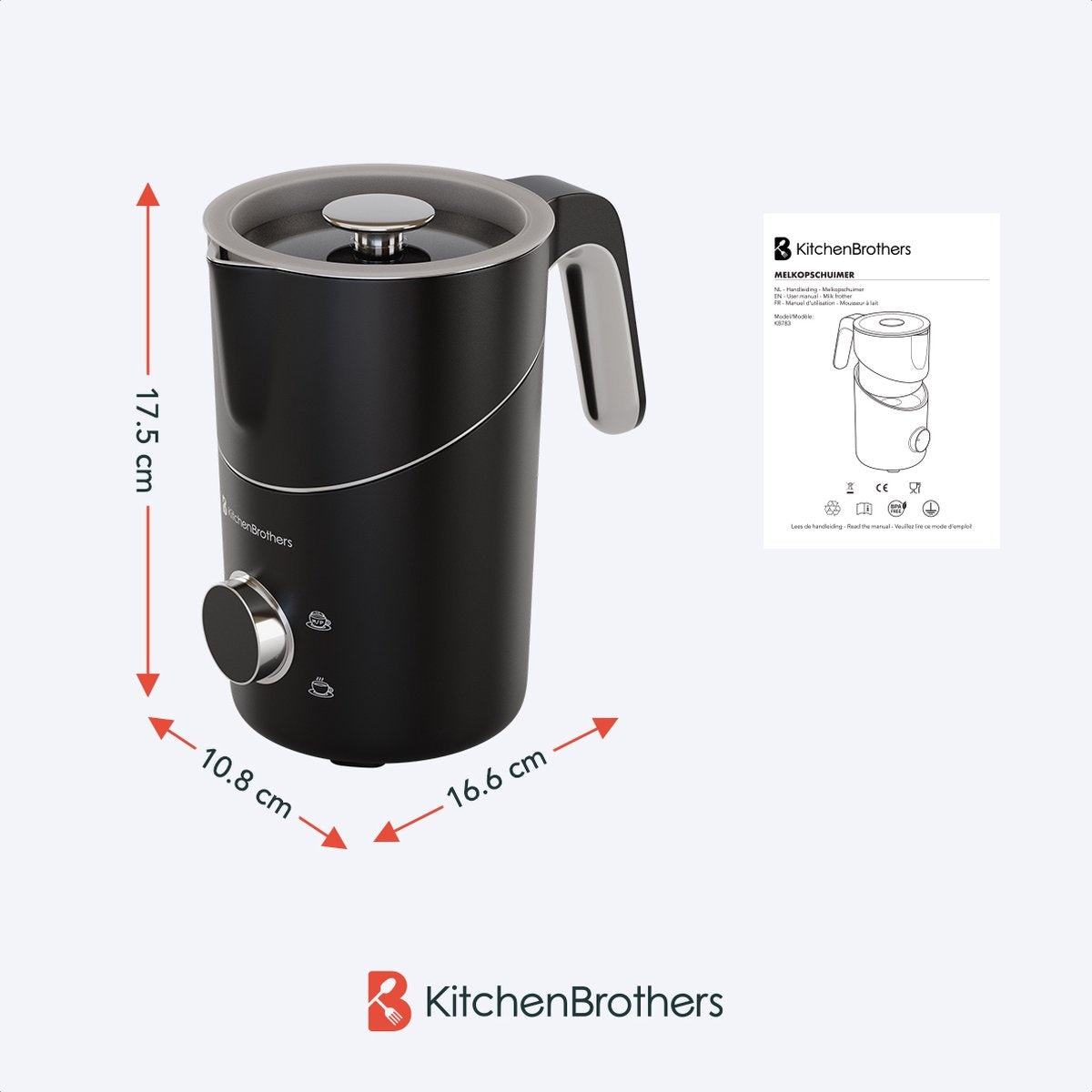 KitchenBrothers Elektrischer Milchaufschäumer - Abnehmbare Kanne - 4-in-1 - 400 ML - Schwarz