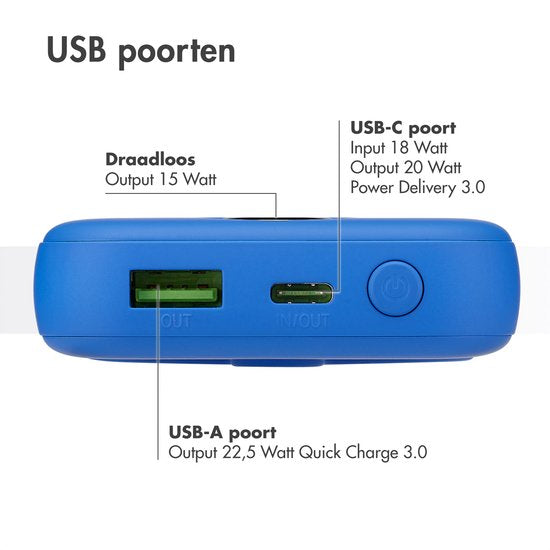 imoshion Powerbank 10000 mAh - Geeignet für MagSafe - Schnellladegerät 22,5W - LED-Anzeige - USB C & USB A - Wireless Powerbank Geeignet für Apple iPhone 12/13/14/15/16 - Blau