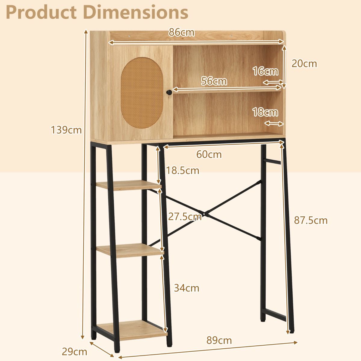 Coast Toilettenschrank 89x29x139 cm Natur - Freistehender Waschplatz mit PE-Rotan-Tür, Ablagefächern und verstellbarem Einlegeboden