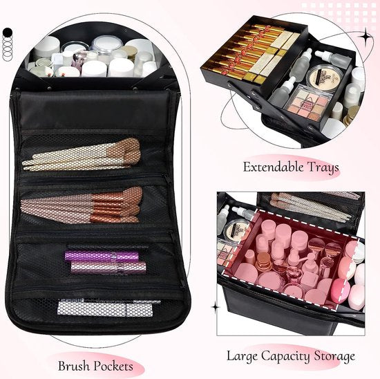 Make-up Organizer Box, Vanity Case, Cosmetic Storage Box - Professionelle große Reise Make-up Artist Bag mit Fächern - Women's Vanity Beauty Kit Organizer für Make-up Cosmetics, schwarz